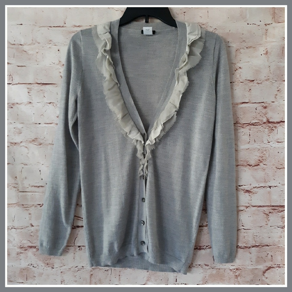 J Crew Gray Thin Knit Ruffle Cardigan Sweater
